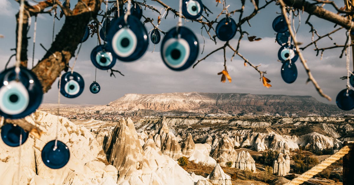 PS4/PS5 Region And PSN Account? - Nazar amulets on threads hanging from tree branches near rocky uneven formations with mountains and grass with plants in Turkey in Cappadocia region under gray cloudy sky in summer day