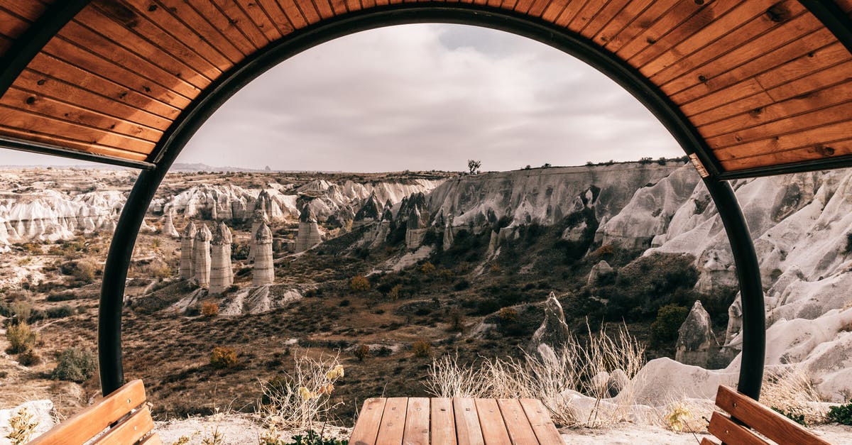 PS4/PS5 Region And PSN Account? - Bench with roof near stony formations and hills in Cappadocia