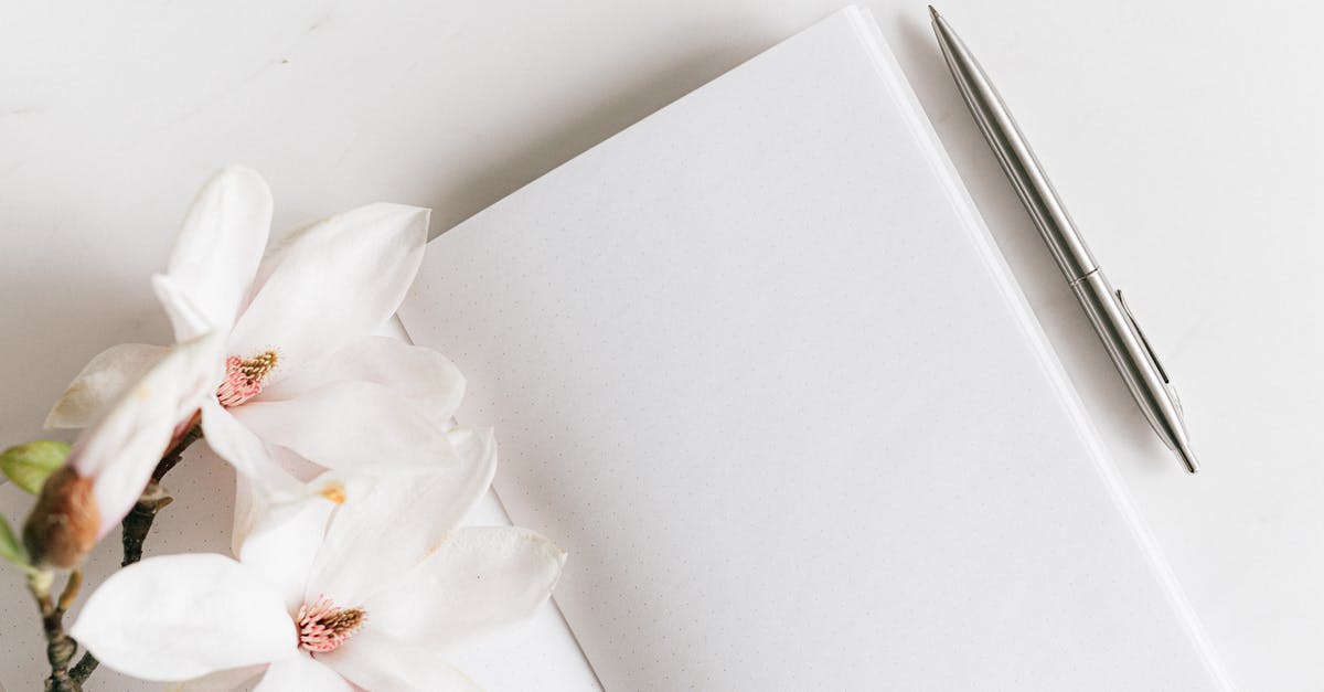 Purely fictional message - Top view composition of opened notebook with blank white sheets and stylish silver pen decorated with lush blooming Magnolia twig placed on white background