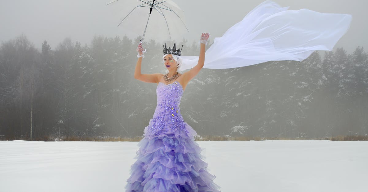 Purple snow in skyrim, what is causing this? - Full length young lady in purple dress and white waving veil with crown and raised hands with transparent umbrella with gloves on snowy field in winter day near forest Purple snow in skyrim, what is causing this? - Full length young lady in purple dress and white waving veil with crown and raised hands with transparent umbrella with gloves on snowy field in winter day near forest