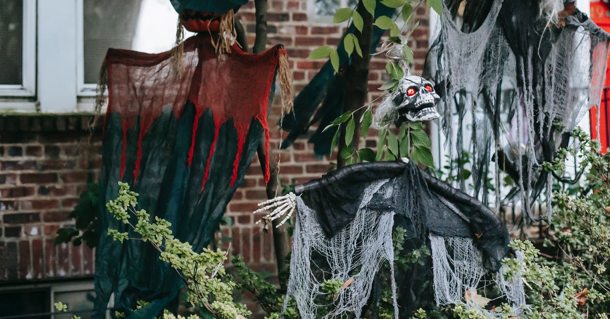 Rag & Bone Wish List killing monsters - Spooky skeleton and witches on wooden sticks near entrance of brick house on Halloween Rag & Bone Wish List killing monsters - Spooky skeleton and witches on wooden sticks near entrance of brick house on Halloween