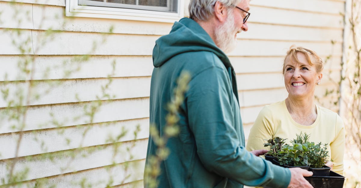 Raising a dweller's happiness - Elderly Couple Talking while Holding a Potted Plant Raising a dweller's happiness - Elderly Couple Talking while Holding a Potted Plant