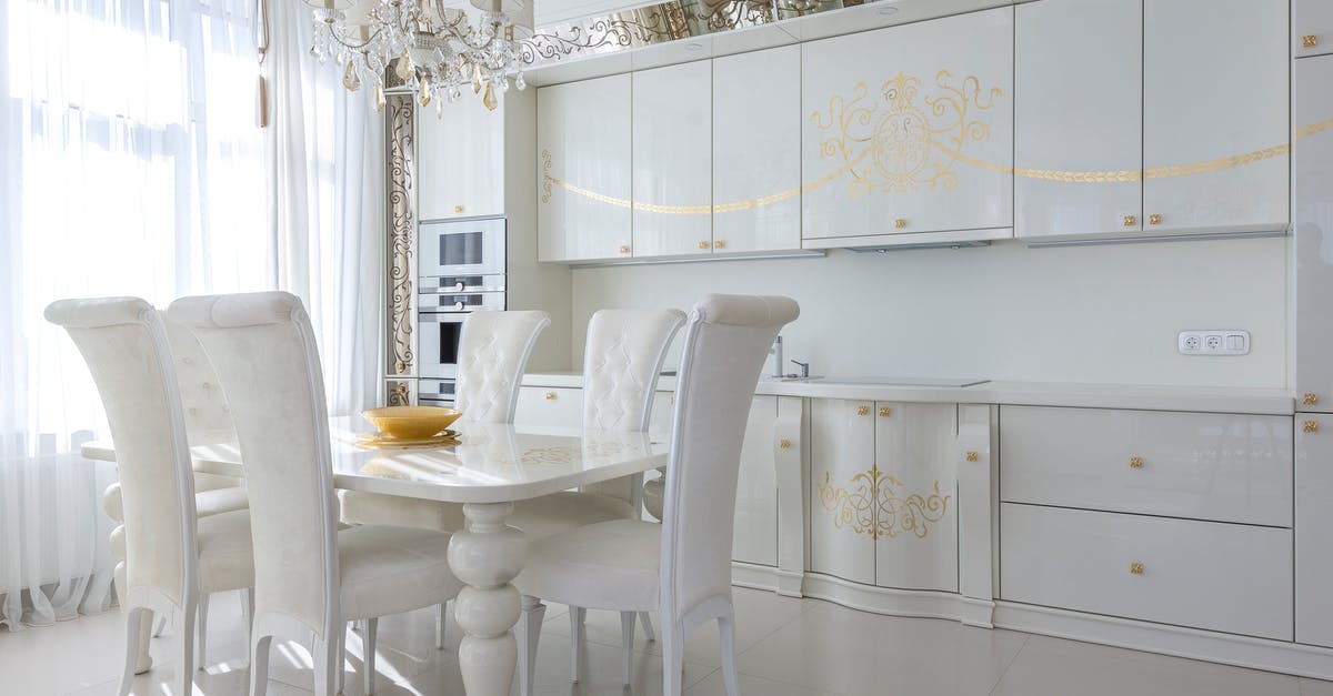 Resident Evil 5 Infinite Golden Egg - Light kitchen interior with white furniture with golden print dining table and chairs in classic style Resident Evil 5 Infinite Golden Egg - Light kitchen interior with white furniture with golden print dining table and chairs in classic style