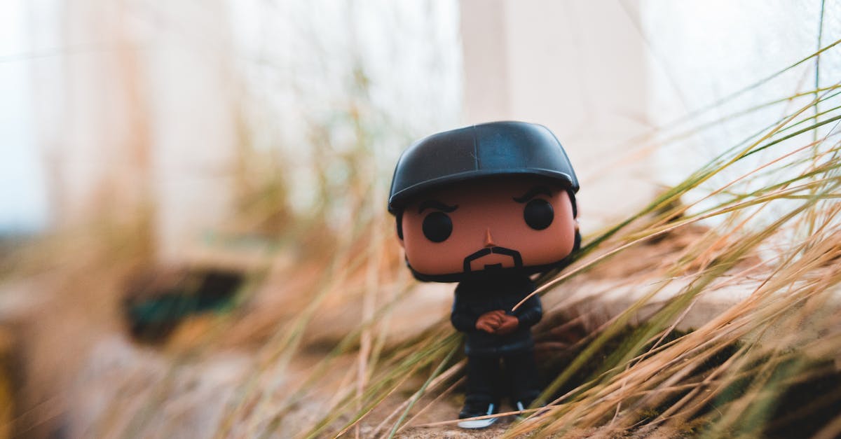 Shortcut to select a character - Small toy of male hip hop artist in trendy outfit and cap placed on windowsill near dry plants