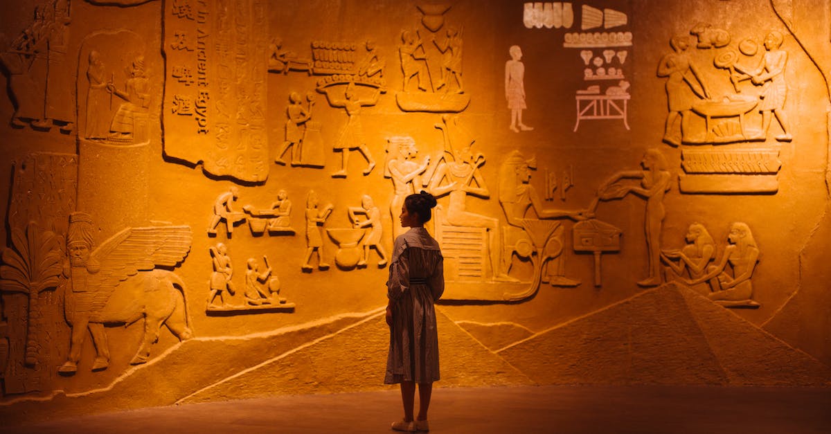 Sightseeing: Tollifer's Last Stand - Back view of anonymous female traveler standing near ancient wall with Egyptian engraving