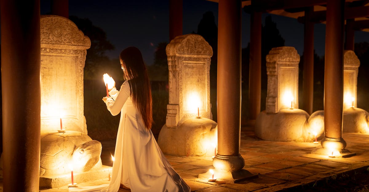 Soul Vessels in Pillars of Eternity - Full body back view of anonymous female with burning candles standing on knees near stone turtles while praying in dark time