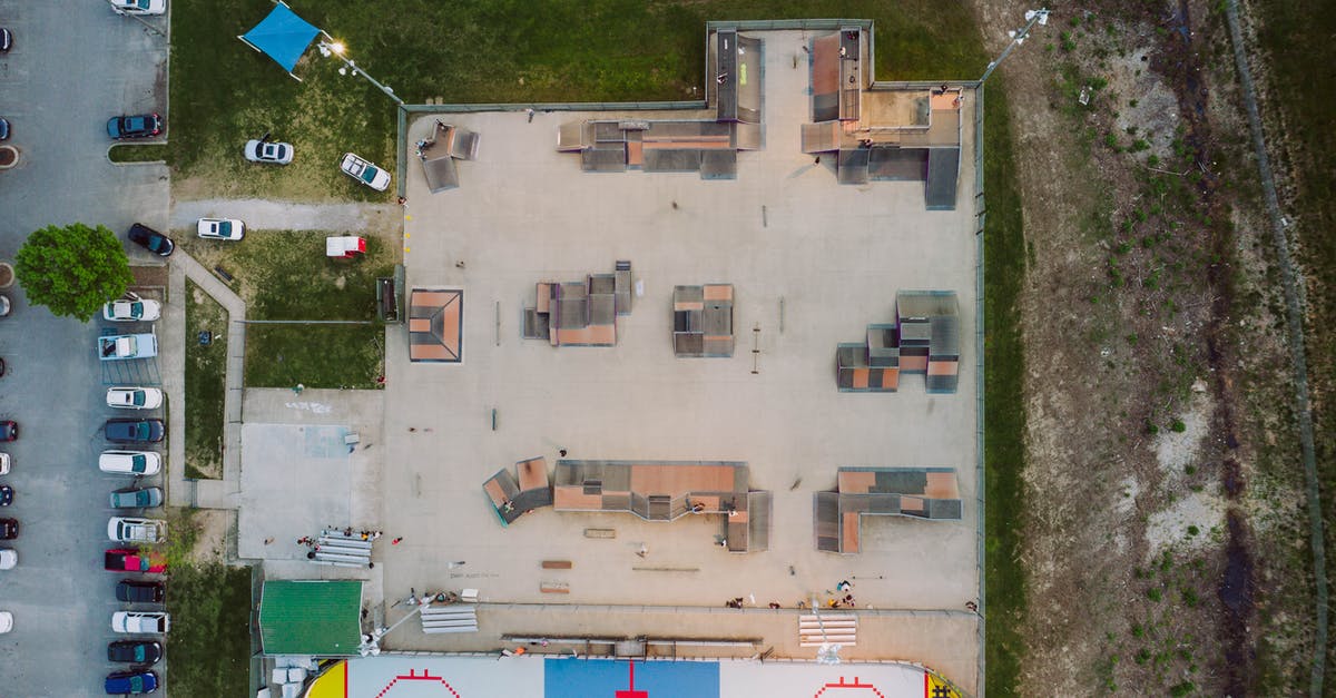 Starting Grounded Mode+ on The Last of Us - Aerial view of skate park with various funboxes and ramps near inline hockey rink located in town near road with parked cars Starting Grounded Mode+ on The Last of Us - Aerial view of skate park with various funboxes and ramps near inline hockey rink located in town near road with parked cars