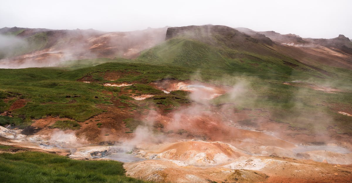 Steam across countries and accounts - Hilled country with geysers blowing steam off among grass area against volcanic mountains in cloudy day Steam across countries and accounts - Hilled country with geysers blowing steam off among grass area against volcanic mountains in cloudy day