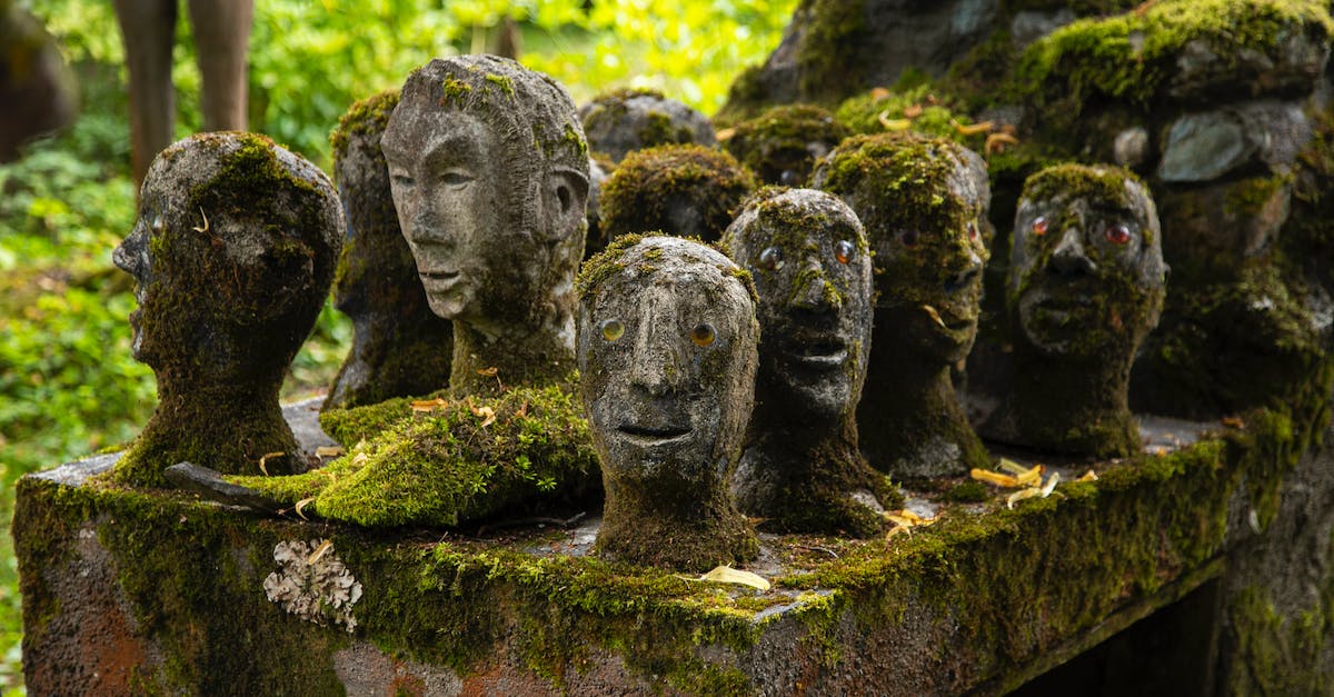 Stone heads in Lhe a Rhemen - Mossy Stone Head Statues on Concrete Surface