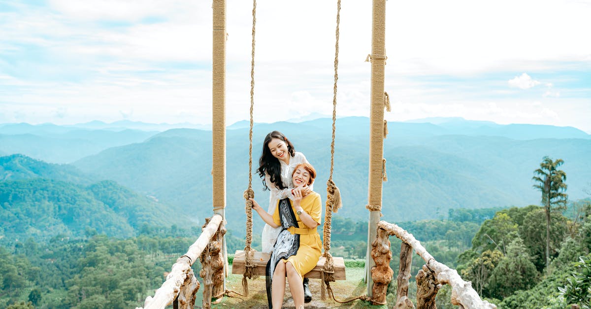 Stuck at swing bridge in Hunrath - Glad ethnic mother with charming daughter on swing against high misty ridges under cloudy sky in summer Stuck at swing bridge in Hunrath - Glad ethnic mother with charming daughter on swing against high misty ridges under cloudy sky in summer