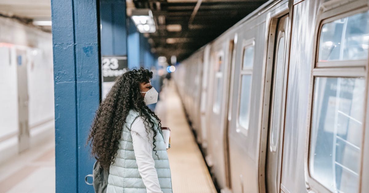 Summoning an item in 1.9 with motion - Side view of young African American female student in casual clothes and protecting mask standing on platform of metro station with backpack in front of train Summoning an item in 1.9 with motion - Side view of young African American female student in casual clothes and protecting mask standing on platform of metro station with backpack in front of train