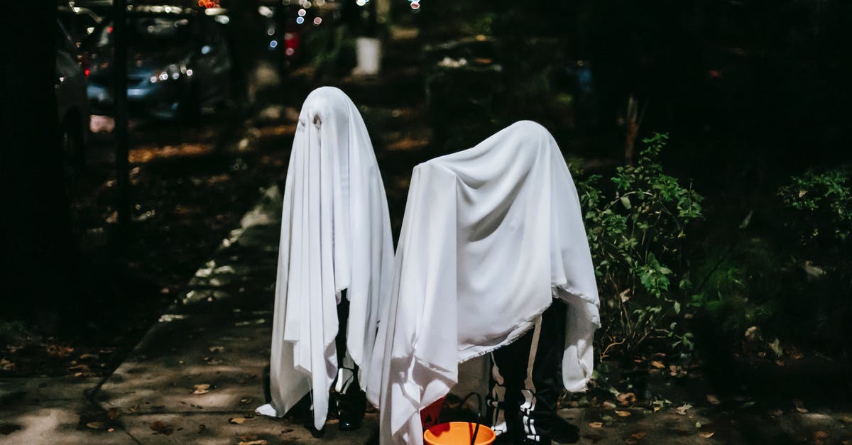 The Night Terror and Candy - Unrecognizable children in ghost costumes with trick or treat bucket on urban pavement in twilight The Night Terror and Candy - Unrecognizable children in ghost costumes with trick or treat bucket on urban pavement in twilight