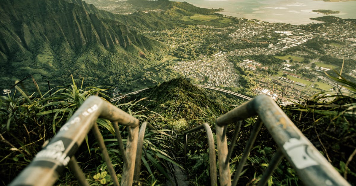 The stairs from the warrens- where do they lead? - From above of stairway leading down to tropical forest with breathtaking view of ocean surrounded with powerful mountains