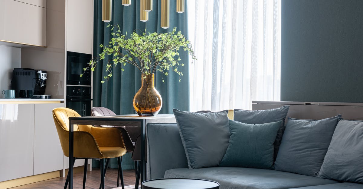 This is not valid housing [duplicate] - Comfortable couch with pillows and wooden table with soft chairs in modern studio apartment with kitchen zone in daylight