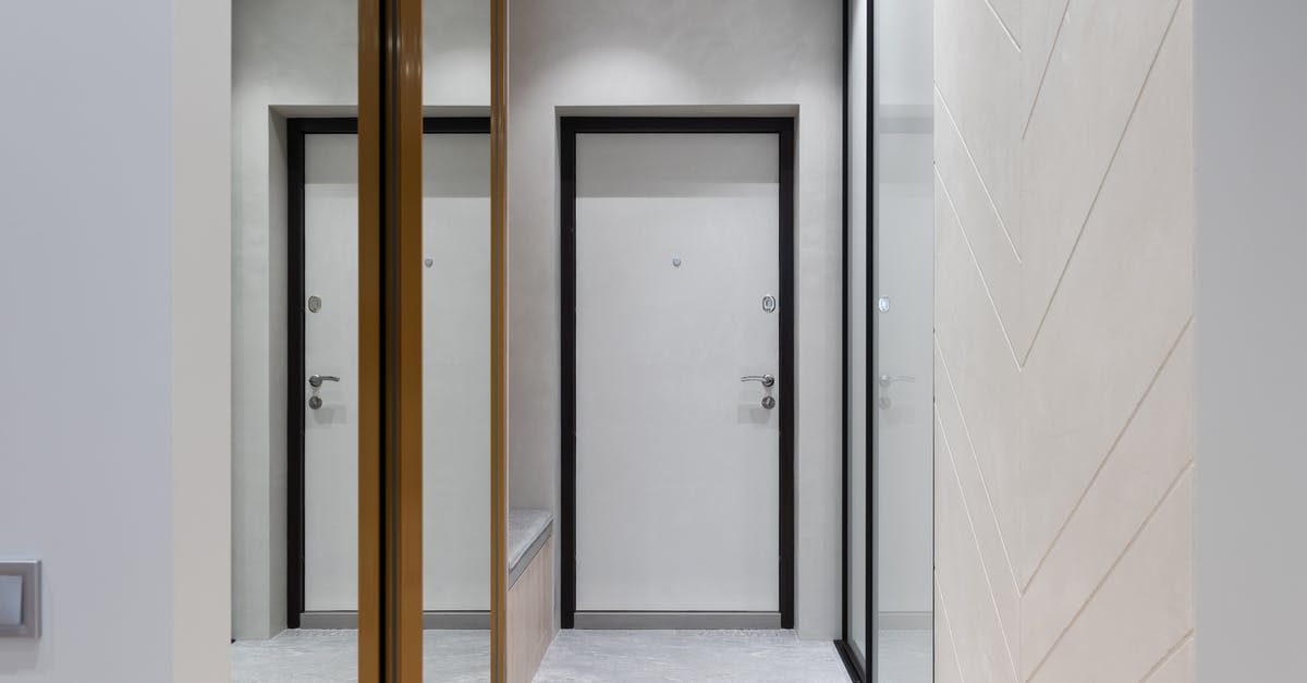 Trine 1 and 2 close right after launch - Modern hallway with mirror walls and white door Trine 1 and 2 close right after launch - Modern hallway with mirror walls and white door