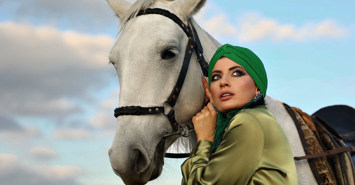 Unloading horse from a minecart! - Low angle side view of dreamy ethnic female with makeup holding bridle of horse with saddle under clouds and looking away Unloading horse from a minecart! - Low angle side view of dreamy ethnic female with makeup holding bridle of horse with saddle under clouds and looking away