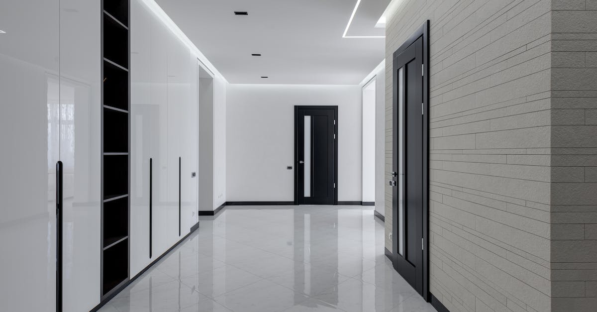 Upgrade paradox? Gold storage and Town Hall - Wide corridor in modern house with white tiled walls and floor black wooden doors and shelves for storage built in wall