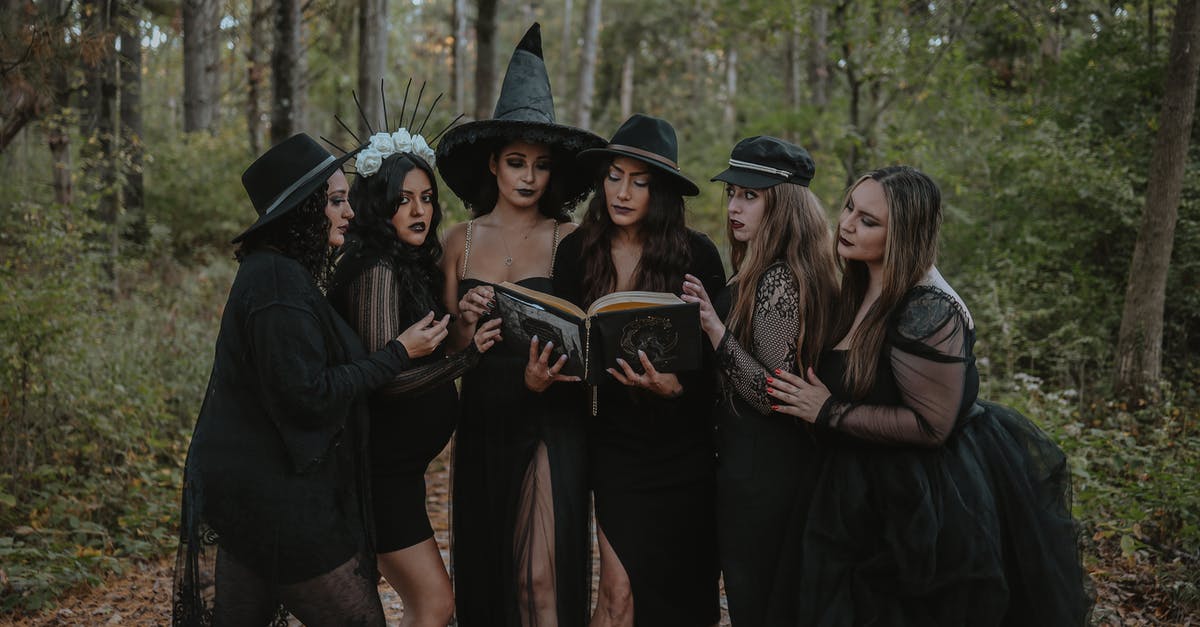 Upgrading the Earthquake spell - Group of women dressed as witch coven reading spell book in forest