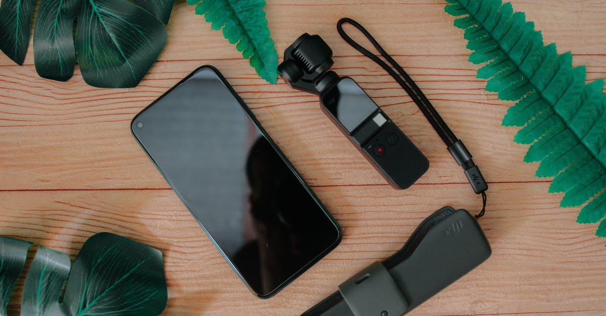 USB drive corrupt games? - Top view of mobile phone and mini handheld camera with flash drive composed on wooden table with green leaves of tropical plants