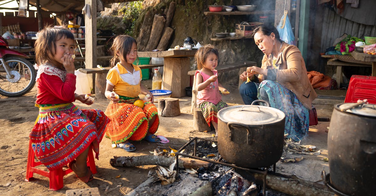 Vilified by community in Original Fallout? - Asian mother and girls sitting near campfire in indigenous village Vilified by community in Original Fallout? - Asian mother and girls sitting near campfire in indigenous village
