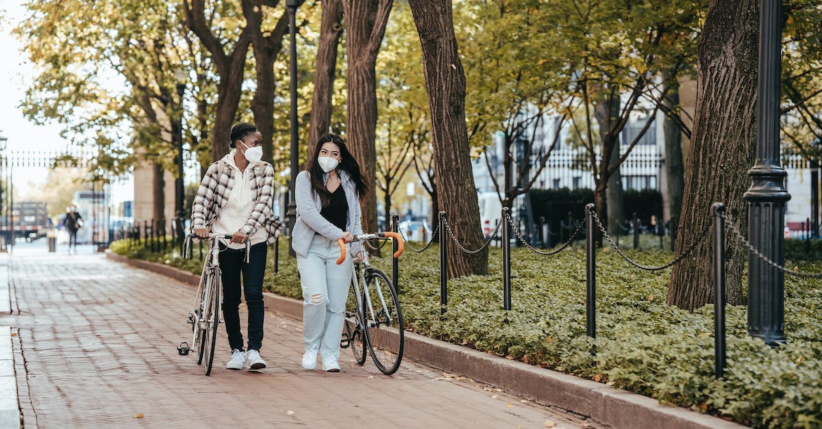 Walked the Path trophy on New Game+? - Full body of diverse women in masks with bicycles walking on paved walkway along trees in park during coronavirus period Walked the Path trophy on New Game+? - Full body of diverse women in masks with bicycles walking on paved walkway along trees in park during coronavirus period