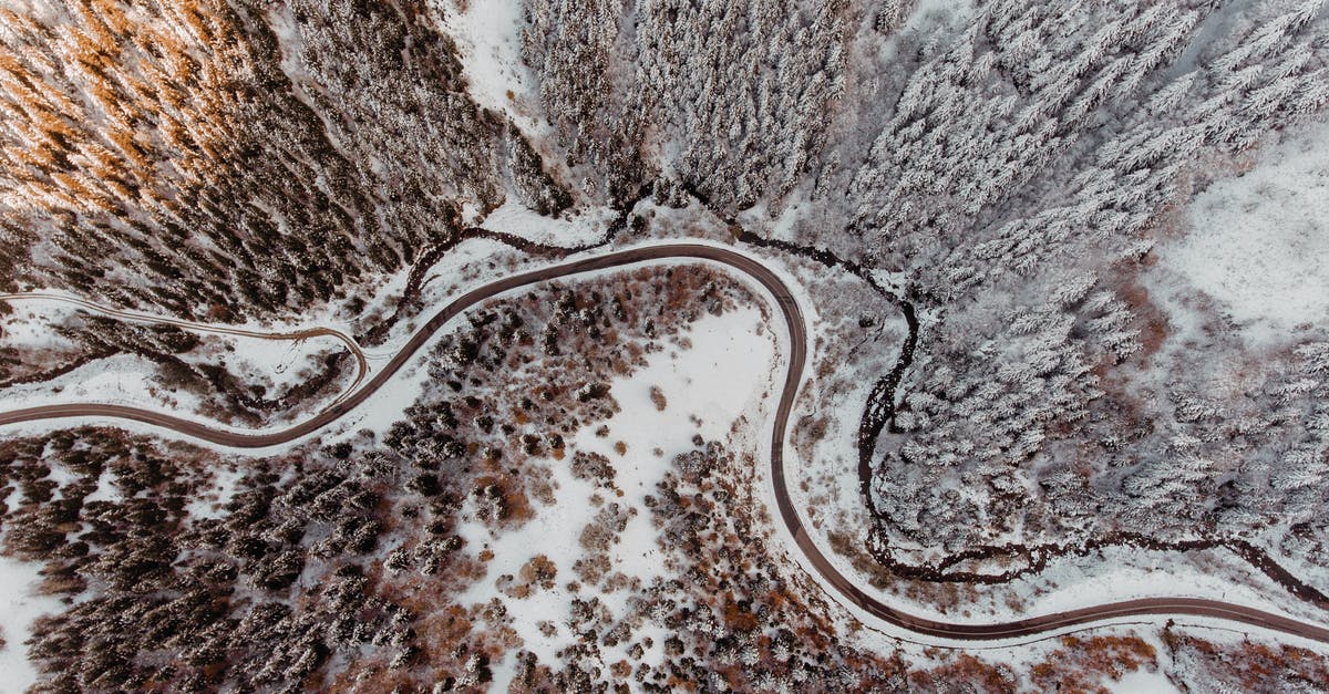 Way of white circlet - Drone view of curvy roads running through winter forest Way of white circlet - Drone view of curvy roads running through winter forest