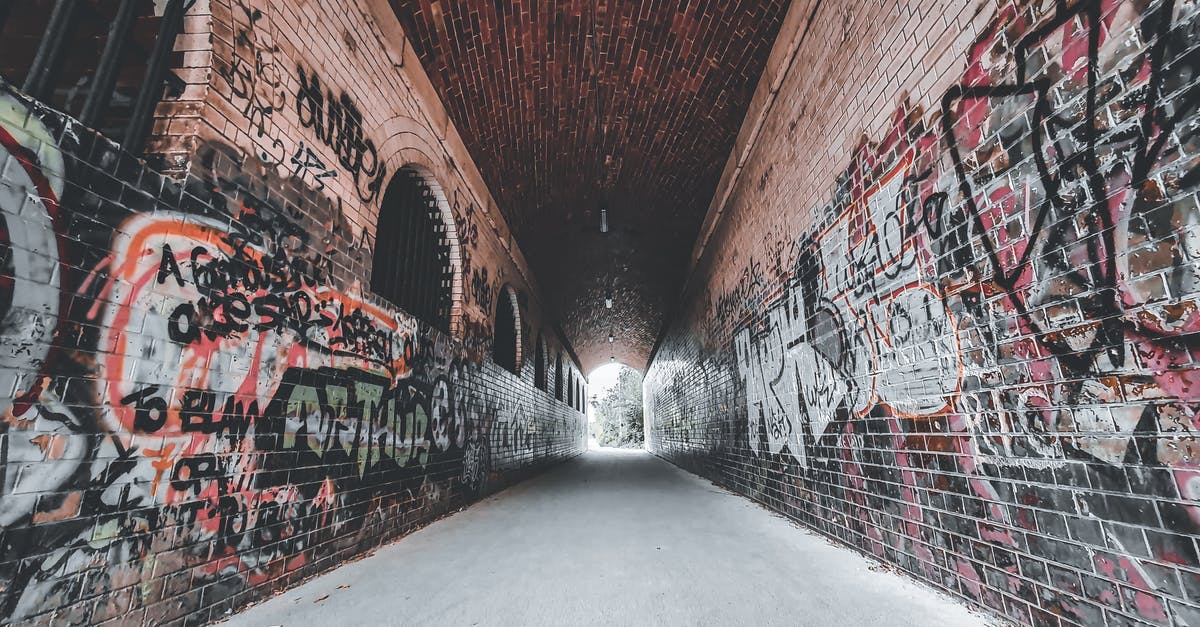 What's the fastest way to get the art exhibit? - Empty arched shabby passage with graffiti on aged brick walls leading to green park in daytime