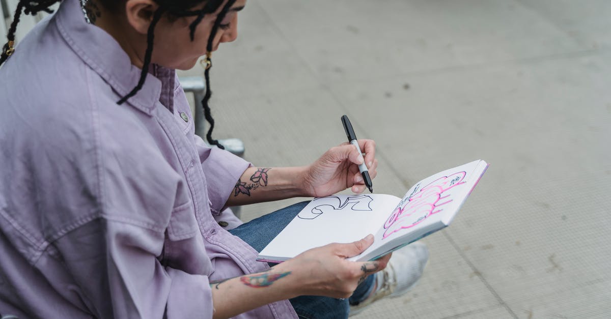 What's the meaning of a highlighted side ops with a dot on the left side? - Female artist sitting on street and doing sketches