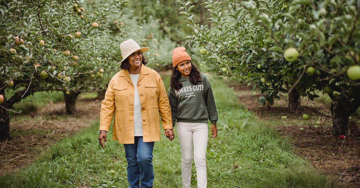 What affects the path of the ball after impact? - Smiling ethnic farmers walking on path between apple trees What affects the path of the ball after impact? - Smiling ethnic farmers walking on path between apple trees