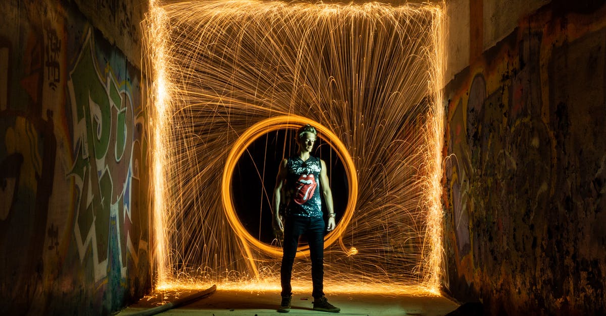 What are all the entities that move in a parabola/line? - Man standing against lines of light in circle from fire swing