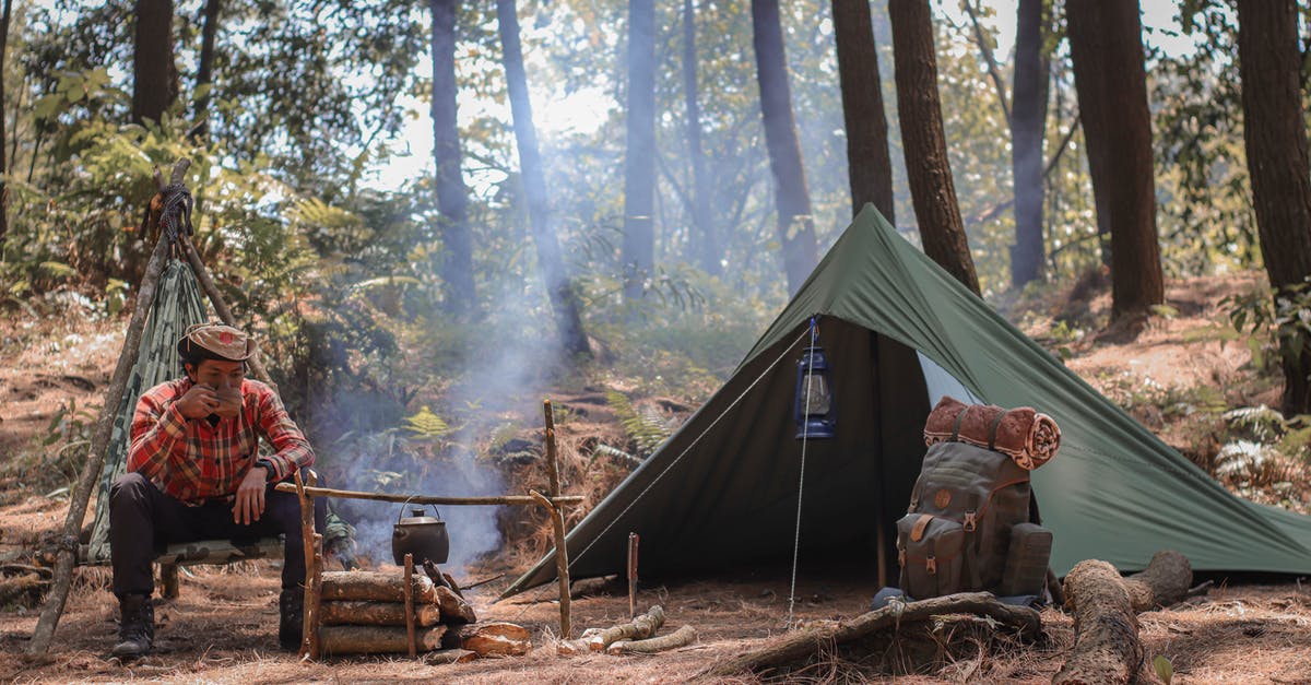 What are the minimum requirements needed to survive long-term in the nether? - Hiker resting near fire and tent during travelling