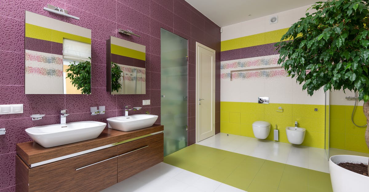 What are the purple tiles? - Interior of stylish colourful bathroom with furniture