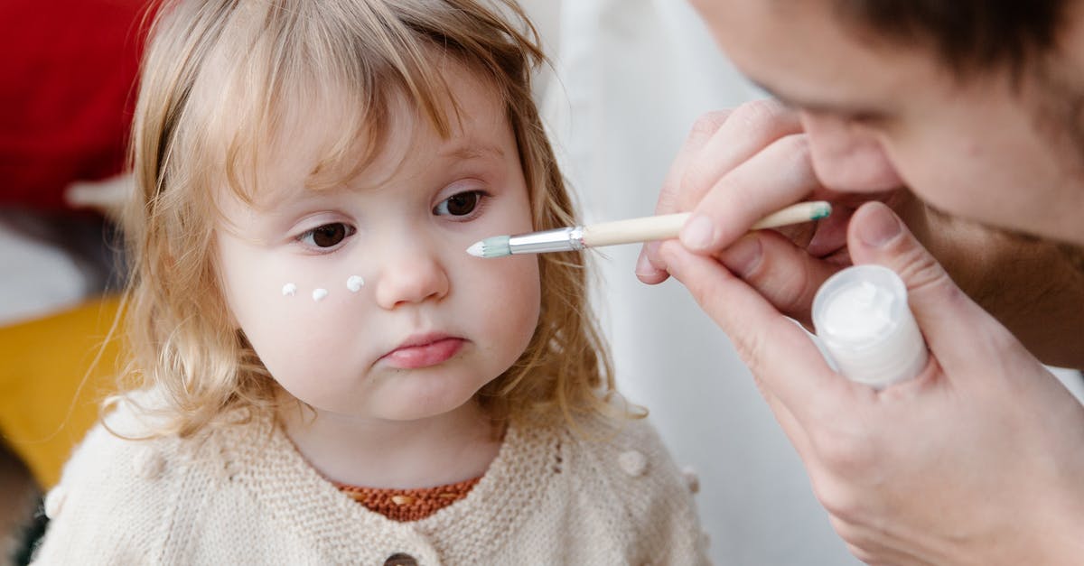 What are the white exclamation point icons for? - Crop brown haired man with paintbrush drawing white points on face of blond little girl