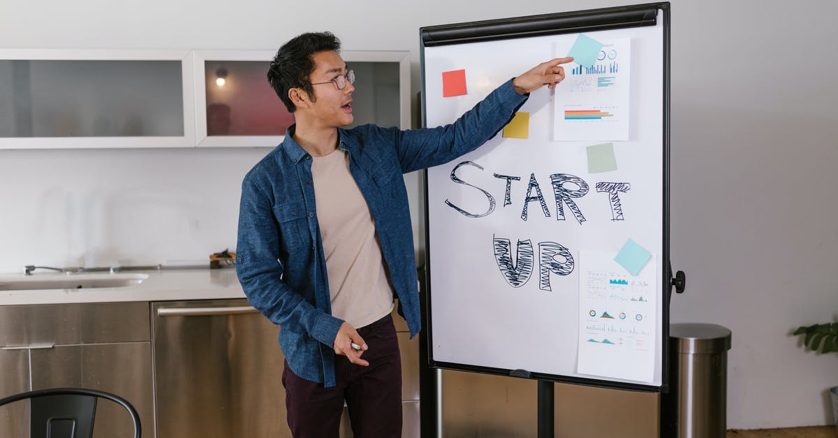 What are the white exclamation point icons for? - Man in Blue Shirt Pointing at Paper on White Board