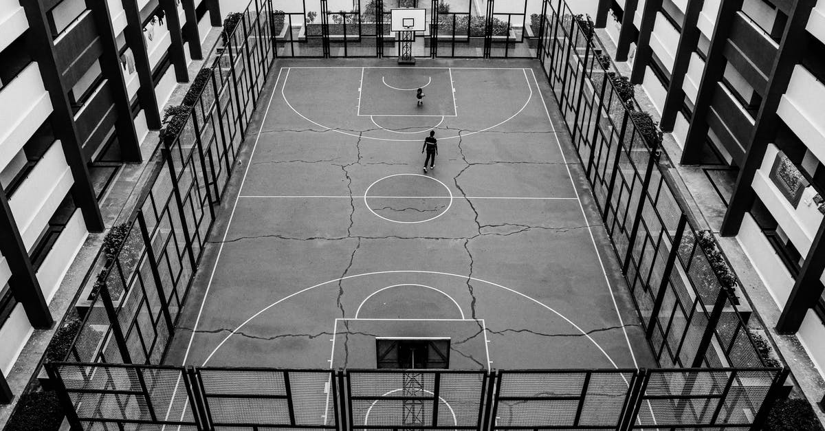 What determines a shelter's score? - From above of black and white of people playing on public sports ground for team games with basketball hoops fenced with metal barrier What determines a shelter's score? - From above of black and white of people playing on public sports ground for team games with basketball hoops fenced with metal barrier