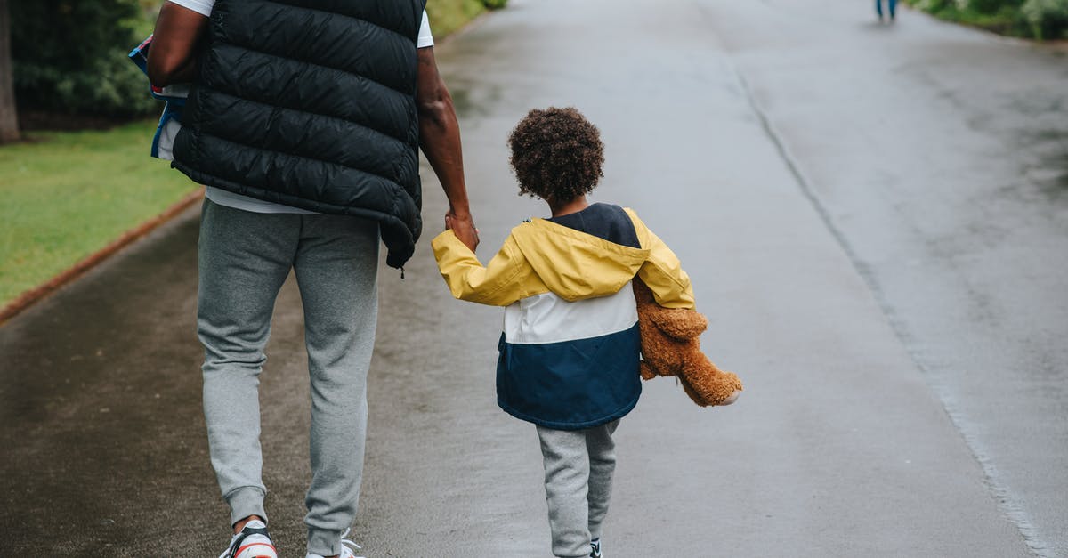 What direction to walk in to capture a targeted Pokemon? - Crop black man with son holding hands strolling on roadway