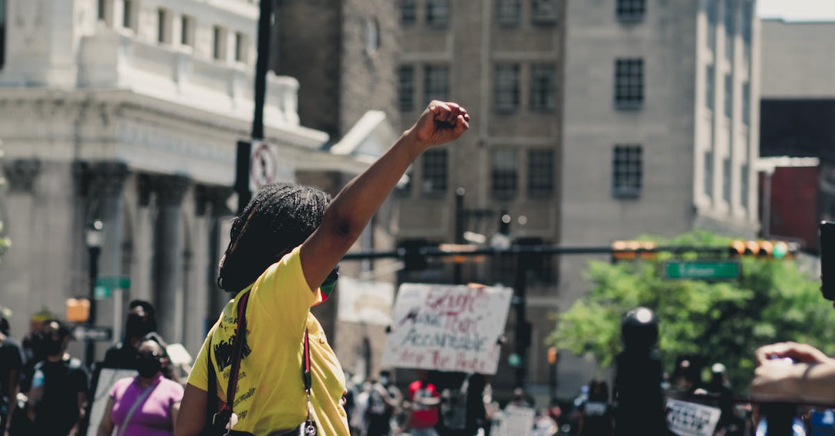 What do black arrows mean in Democracy 3? - African American female raising fist while standing in demonstration against police brutality in daylight What do black arrows mean in Democracy 3? - African American female raising fist while standing in demonstration against police brutality in daylight