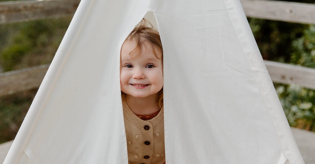 What does button 2 mean? - Happy little child smiling while peeking from tent