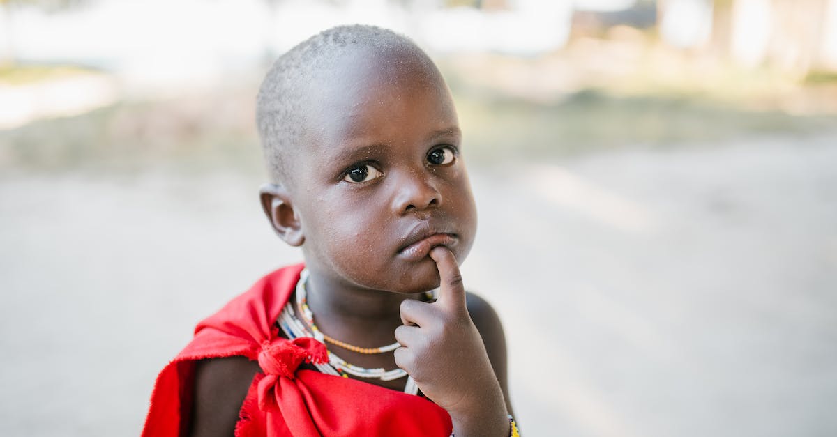What does the Billie the Kid mount look like? - Curious black child in red cover touching chin and looking at camera with interest while standing on sunny street What does the Billie the Kid mount look like? - Curious black child in red cover touching chin and looking at camera with interest while standing on sunny street