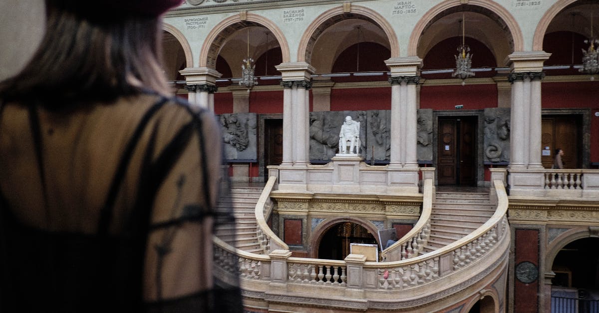 What does the black goddess statue do and what is it? - Crop woman contemplating stairs and artworks in old museum