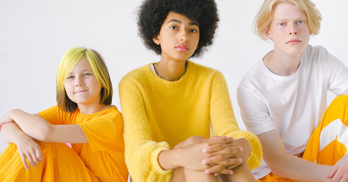 What game is this picture showing a teenage girl wearing a shirt with three yellow birds from? - Diverse teenagers in bright yellow outfits with dyed hair and Afro hairstyle looking at camera on white background