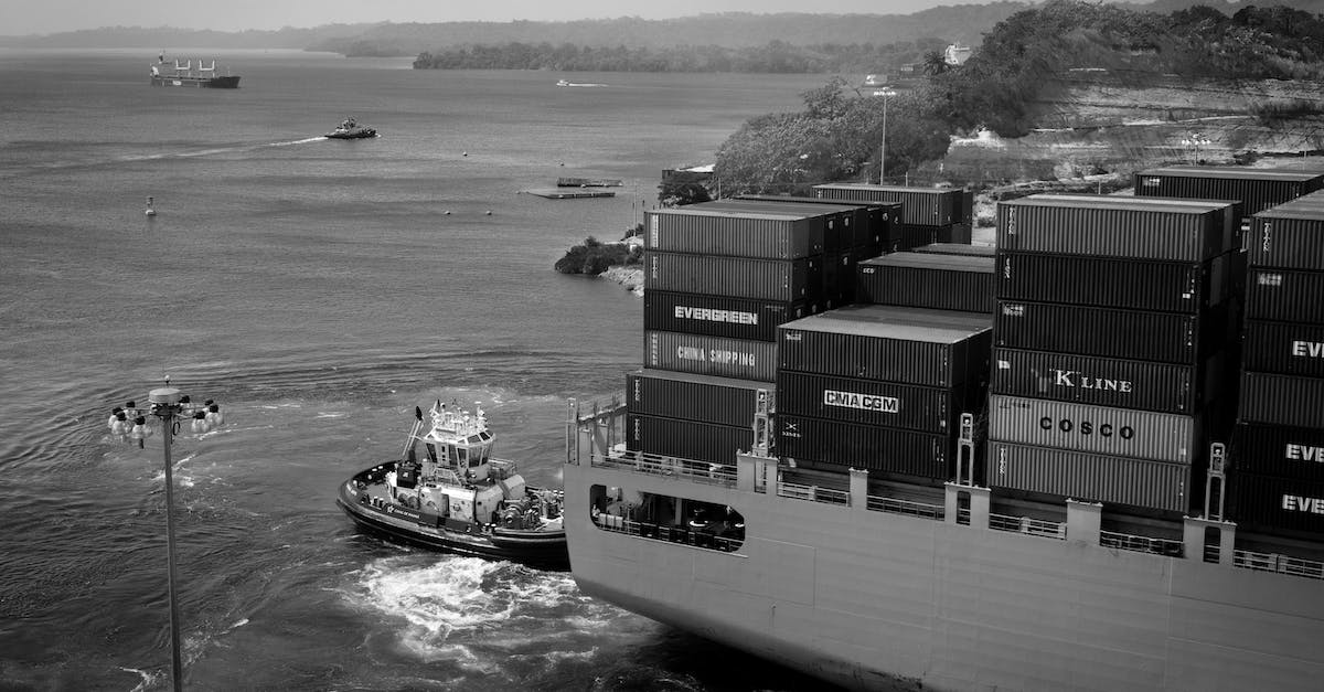 What happens if I am caught bringing prohibited goods into a station? - Black and white contemporary cargo vessel with many containers floating on calm river near hilly grassy shore towards industrial port