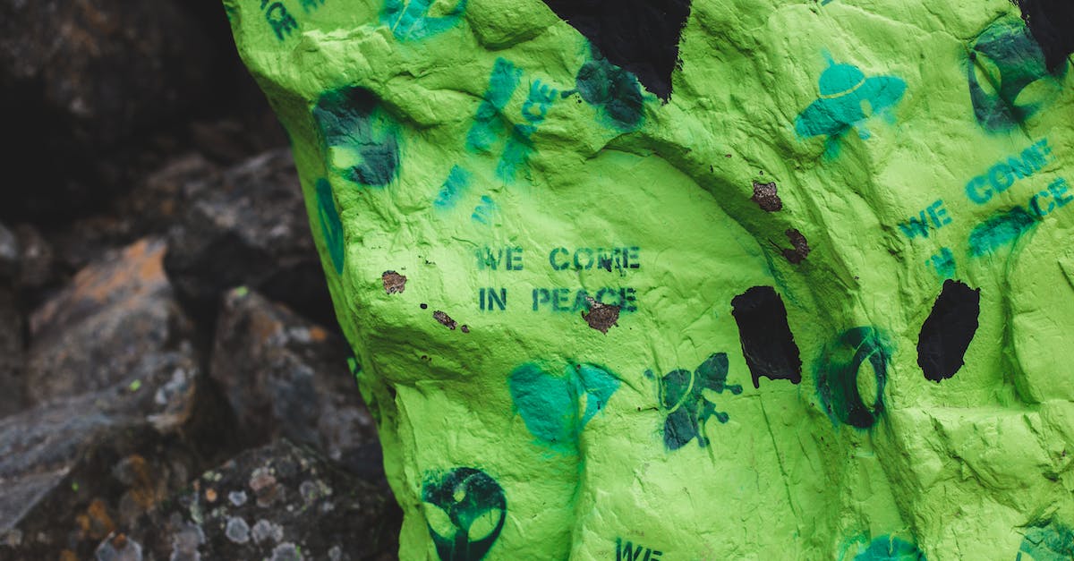 What happens to aliens and items outside of captured UFOs? - Big rock with colorful green paint and words we come in peace near alien faces placed near rough stones in countryside in daylight