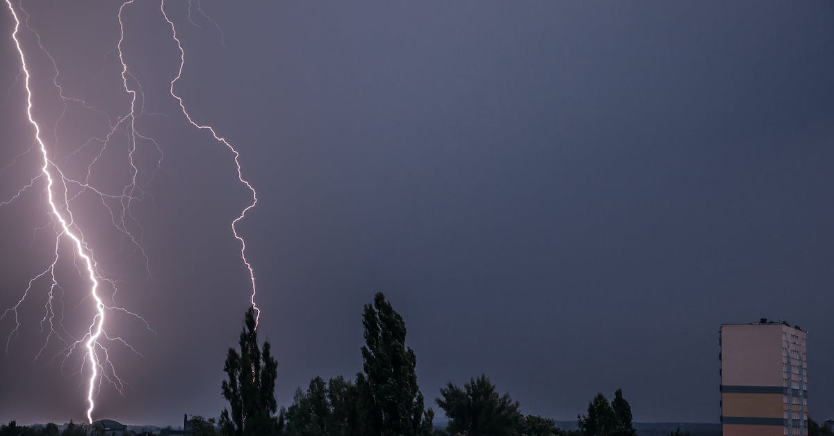 What is the effect of increasing the power budget vs building a new power plant? - Bright lightning striking in dark cloudless sky over tall trees growing in town with residential buildings in night time in overcast weather