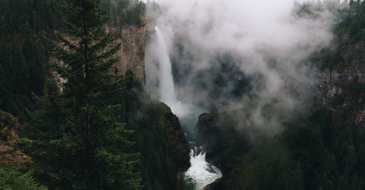 What is the max altitude of generated terrain? - Waterfall in mountainous terrain with evergreen forest against cloudy sky