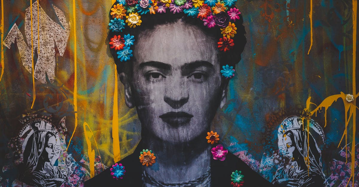 What is this original version of Tetris called? - Creative artwork with Frida Kahlo painting decorated with colorful floral headband on graffiti wall