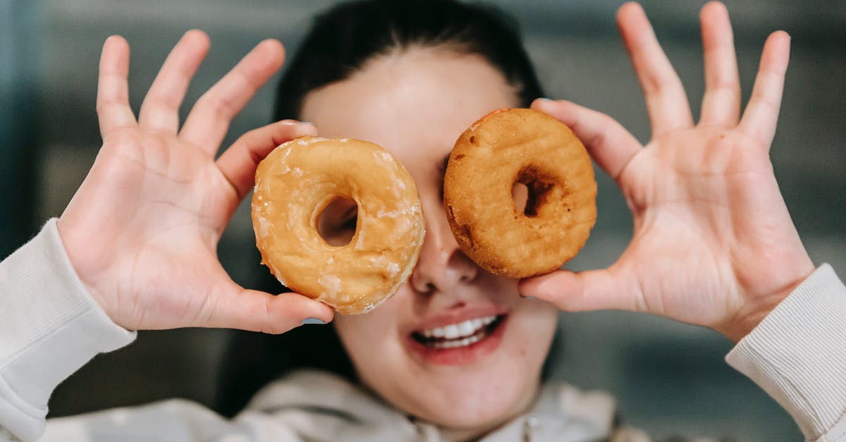 When should consume(+) not be played? - Positive young female in casual clothes smiling while covering eyes with delicious doughnuts When should consume(+) not be played? - Positive young female in casual clothes smiling while covering eyes with delicious doughnuts