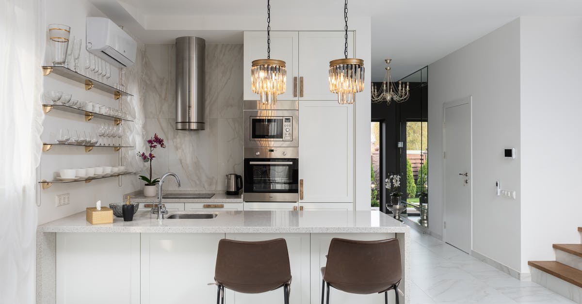 When will my home be furnished? - Interior of contemporary kitchen with modern appliances and chairs at white counter near  wall with shelves in spacious apartment near stairs