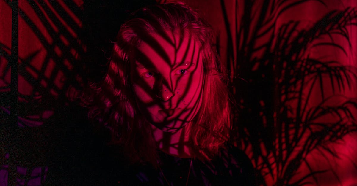 Where are the magic bushes? [duplicate] - Young female with shadows of leaves of tropical plants on face standing under red neon illumination in darkness and looking at camera