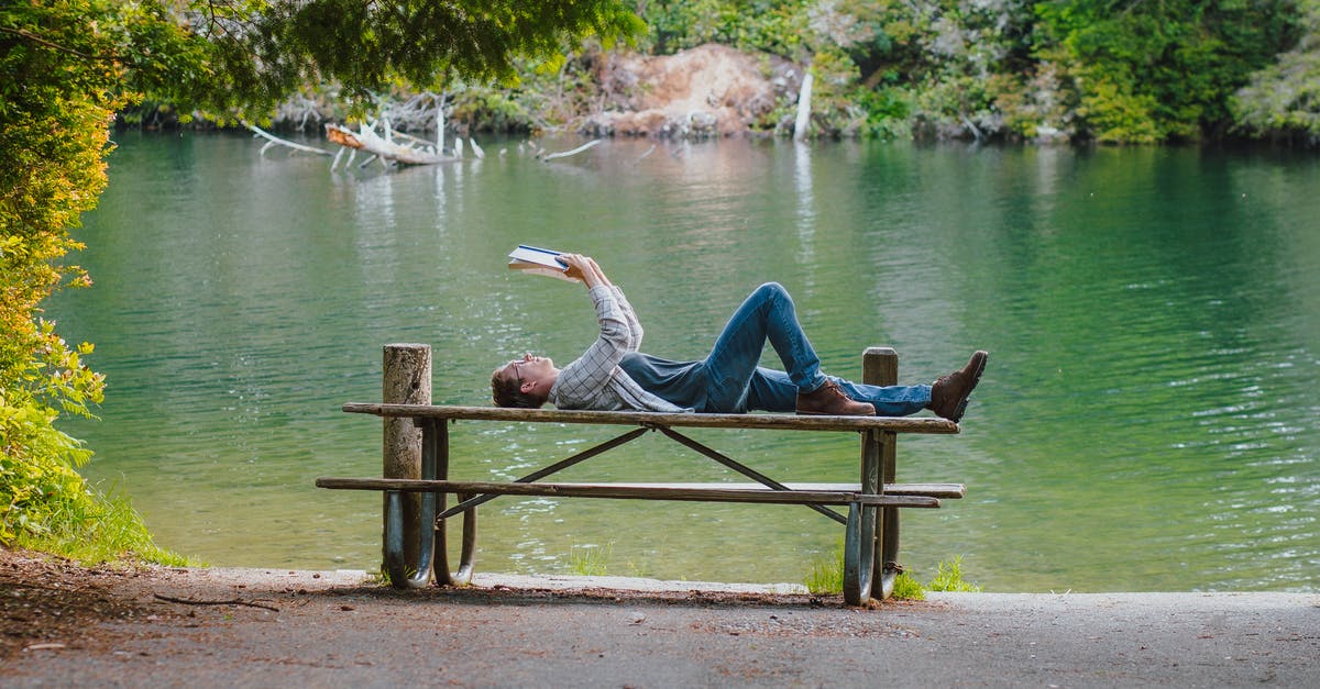 Where are the Overdue Books? - Man in Blue Denim Jeans Sitting on Brown Wooden Bench Near Lake